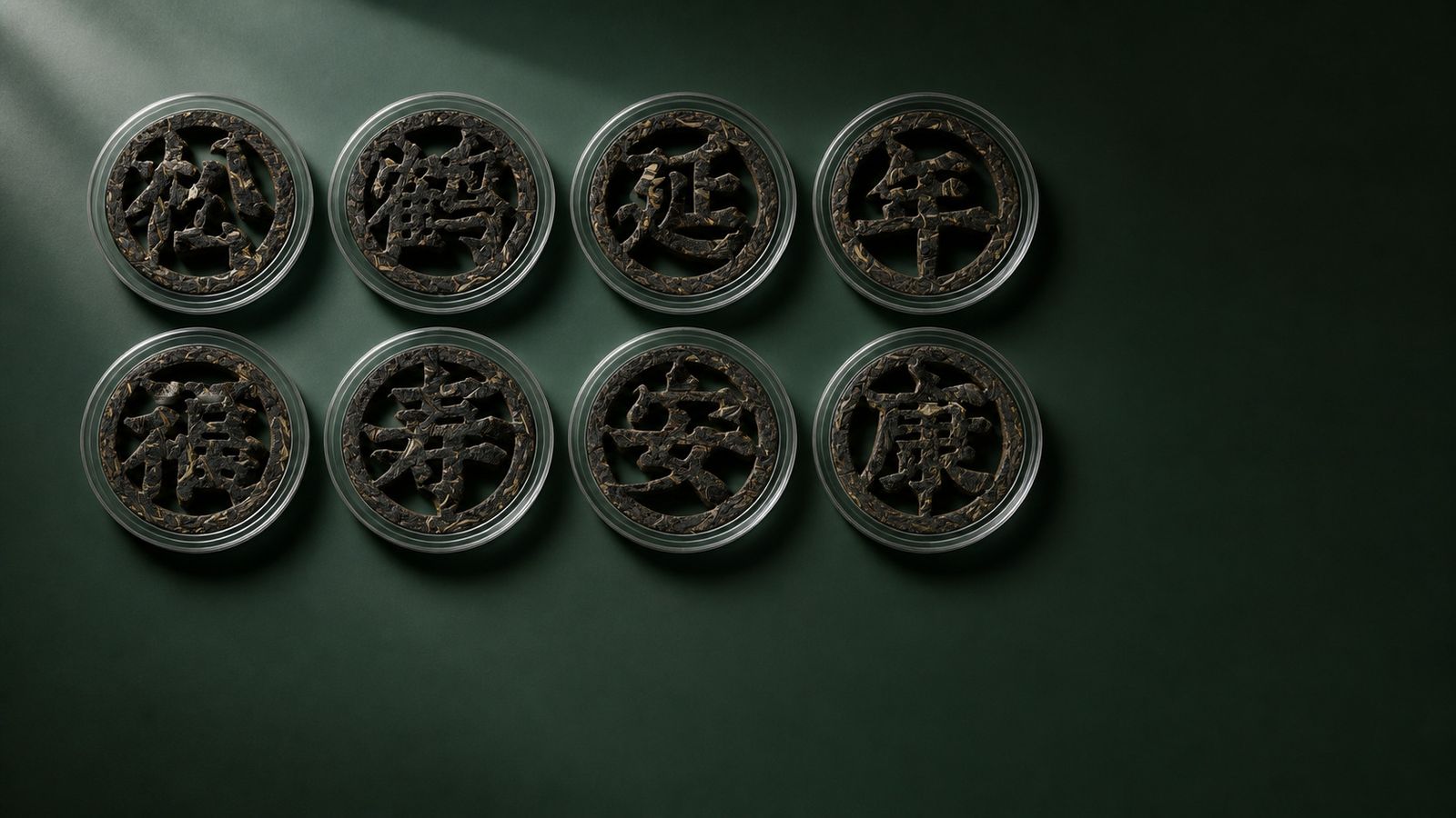 Eight health-blessing pu’er tea discs arranged neatly in two rows of clear acrylic capsules.