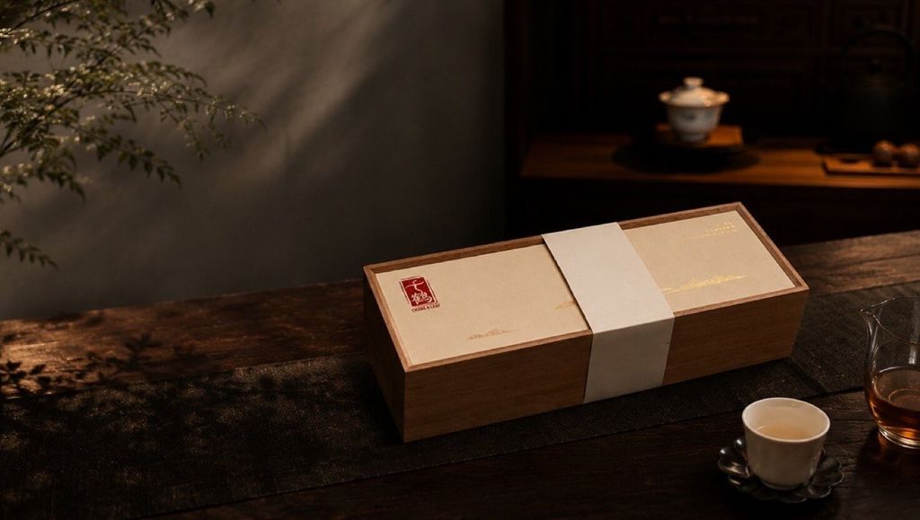 A closed 千賀八禮 wooden gift box arranged on a quiet tea table in warm evening light.